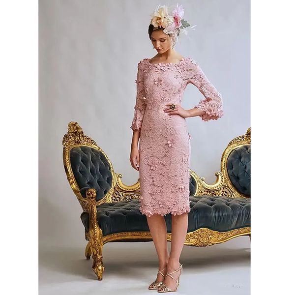 

floral pink lace sheath mothers dresses knee length slim fit pink mother of the bride groom wedding party gowns flowers 3/4 long sleeves ele, Black;red