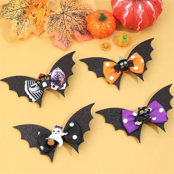 

children's bow hairpin halloween elements double bat wings pumpkin head hair accessories, Slivery;white