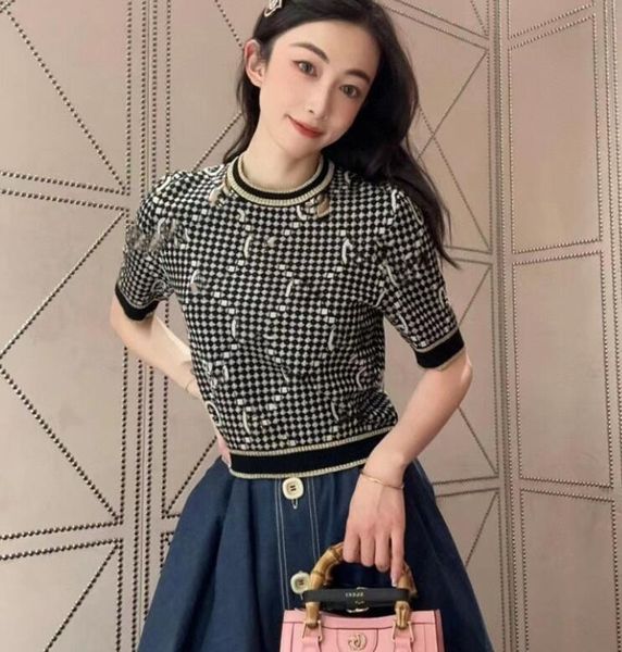 

designer women's double c embroidery sweaters tee fashion crew neck hollow out contrast knit short sleeve top, White;black