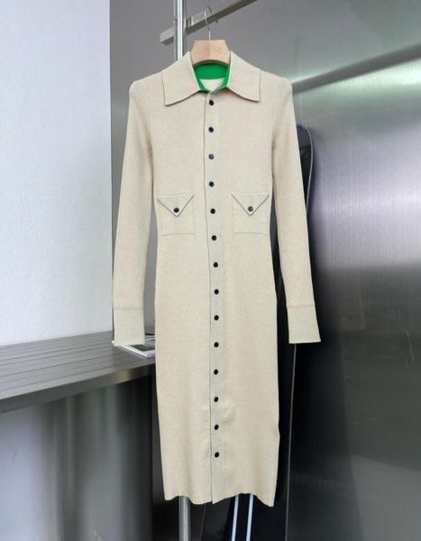 

2021 apricot knitting long dress designer lapel neck long sleeves bodycon dresses womens buttons vestidos de festa 830502293921, Black