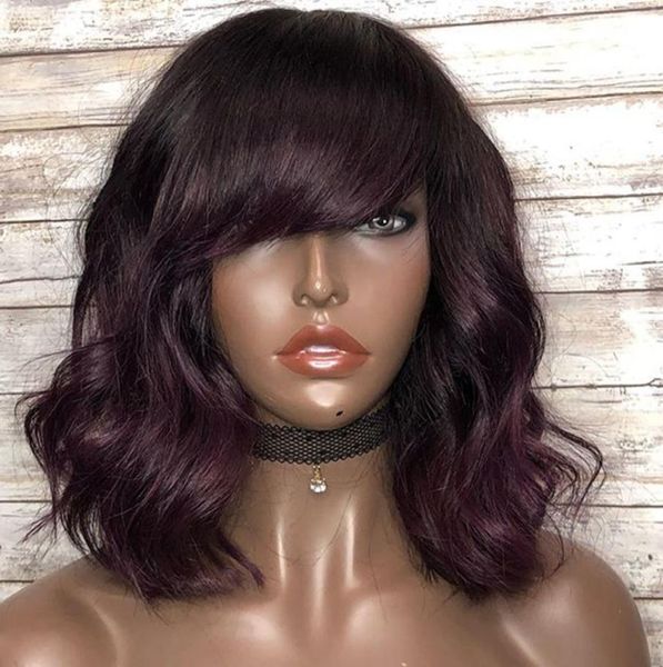 

peruvian full laces human hair ombre grape purple body wave lace front wigs with bangs wavy 360 frontal fringe wig for women5685074, Black