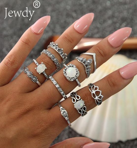 

11 pcsset vintage knuckle opal rings for women boho geometric flower crystal ring set bohemian midi finger jewelry bague femme3547648, Silver