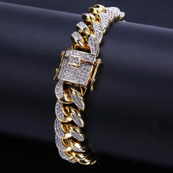 

18k gold white gold iced out cz zirconia miami cuban link chain bracelet 10 14 18mm rapper hip hop curb jewelry gifts for boys who6319980, Black