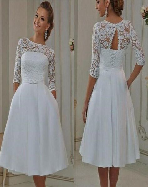 

2019 short a line wedding dresses with bow lace half sleeves bridal gowns jewel neck maid of honor dress5681554, White