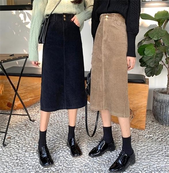 

high waist midi corduroy side slit skirt women aline loose streetwear skirts female pockets denim skirts autumn winter 2103118422321, Black