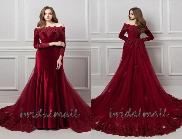 

halloween burgundy velvet long sleeves evening dresses overskirts off shoulder formal party gowns mermaid african prom dresse4131219, Black;red