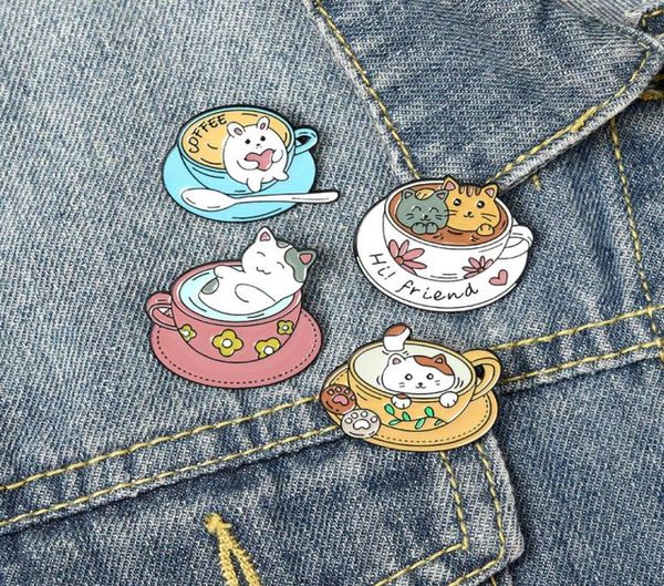 

20pcslot cute cartoon coffee cat brooches alloy enamel collar flowers pins friend women men cup design brooch jewelry accessories7243562, Gray