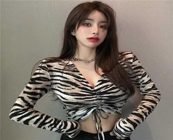 

spring and autumn vneck longsleeved striped feminine drawstring short tshirt zebra print fashionable 2106046712867, White