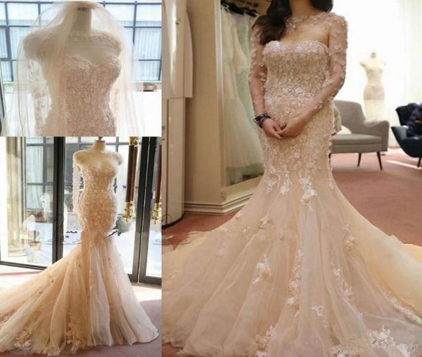 

elegant blush champagne mermaid wedding dresses with long sleeve cape handmade flower country bridal gown with lace appliques 3d f7878180, White