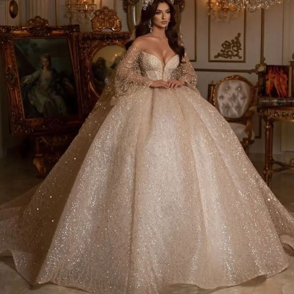 

luxury shiny champagne v-neck beading long sleeves ball gown wedding dress gorgeous beas court train vintage bridal gown, White