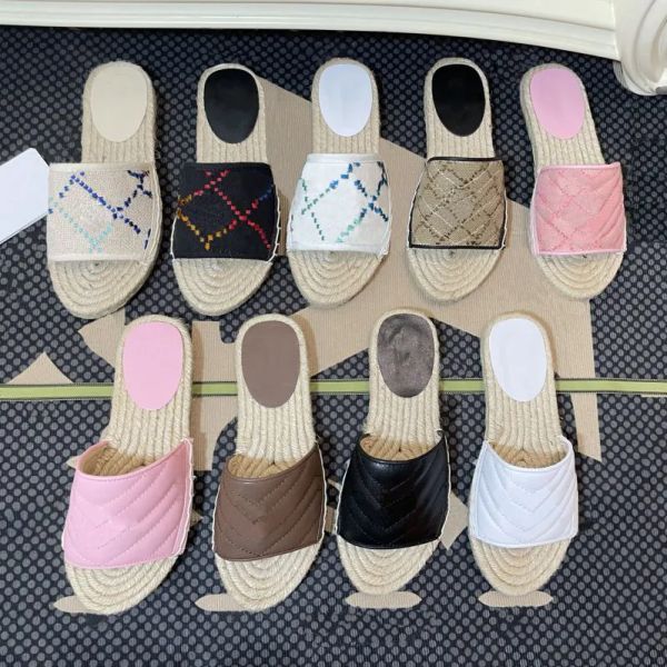 

2023 summer slippers sandles designer womens sandales embroidery g metal buckle canvas leather fashion straw weave fisherman slides flip vjl, Black