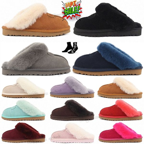 

sell classic slippers design aus u5125 keep warm slides goat skin sheepskin slipper snow half fluff fuzz fur yeah slide for women men winter, Black