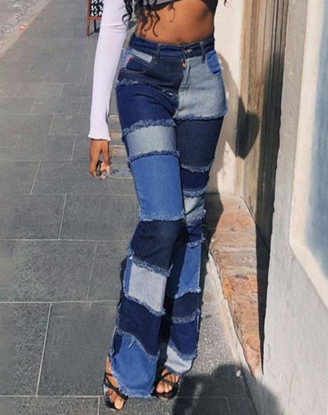 

women039s jeans adisputent color block high waist flare with pockets streetwear ladies trousers bell bottoms skinny denim 8697512, Blue