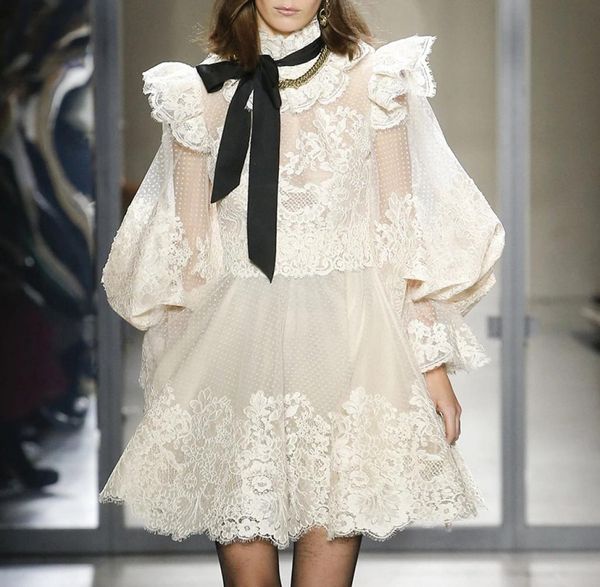 

lian tide brand spring and autumn new stand-up collar lace long-sleeved high-waist perspective bow dress8522570, Black