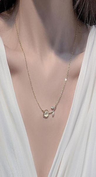 

opal tulip flower 14k real gold jewelry zircon leaves necklaces for women clavicle chain charm wedding pendant chains9102915, Silver