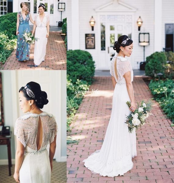 

jenny packham vintage sheath wedding dresses backless luxury crystals chiffon short sleeves plunging v neck 2020 country boho brid2526967, White