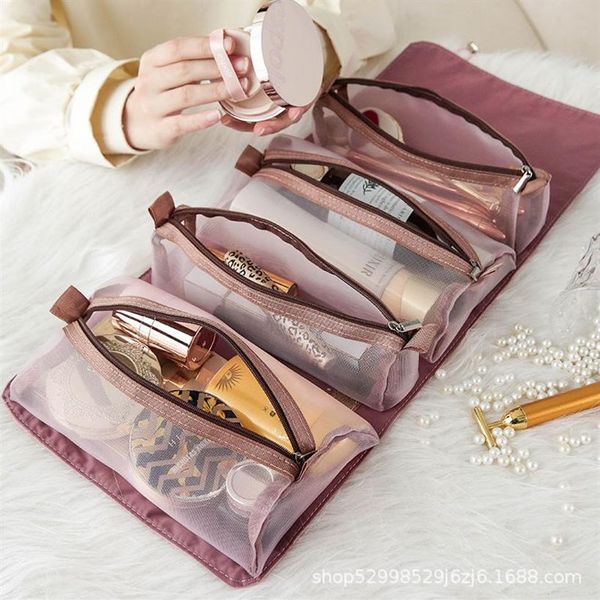 

large capacity multifunction folding portable cosmetic bag 6 colors detachable mesh toiletry bag net red cosmetics storage hanging2306
