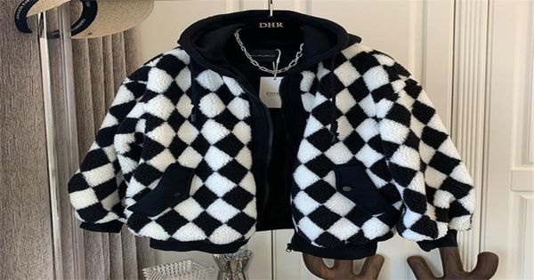 

women039s jackets winter warm retro checkerboard lamb wool coat women personality street casual hooded loose fake twopiece fem2440908, Black;brown