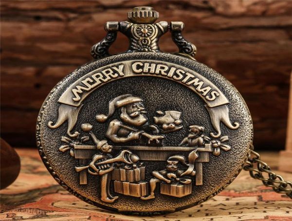 

antique merry christmas santa claus men women quartz analog pocket watch arabic number with necklace chain xmas gift5980881, Slivery;golden
