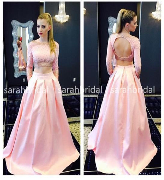 

2019 two piece pink satin prom dresses with bateau neck long sleeve keyhole backless crop marine ball pockets gowns plus size 8927332, Black
