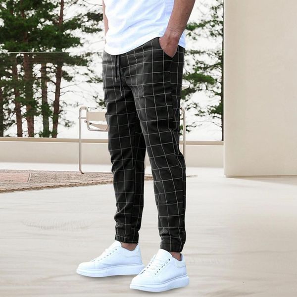 

men's pants men pencil pants plaid print mid-rise casual long pants elastic waist drawstring slant pockets male trousers streetwear 230, Black