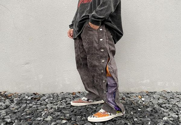 

high street side button print suede baggy pants mens drawstring straight loose casual pants hip hop oversize trousers1316028, Black