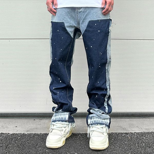 

men's jeans streetwear speckled ink color match y2k baggy jeans for men patchwork rage fringe micro denim trousers oversized loose carg, Blue