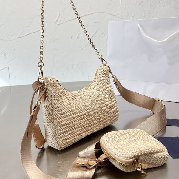 

classic designer luxury straw women's shoulder bag medium capacity shopping bag beach bag nylon shoulder triangle bag with box p2295 p2