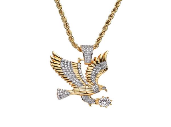 

hip hop eagle diamonds pendant necklaces for men western copper zircon luxury necklace real gold plated 3mm 60cm stainless steel t4145642, Silver