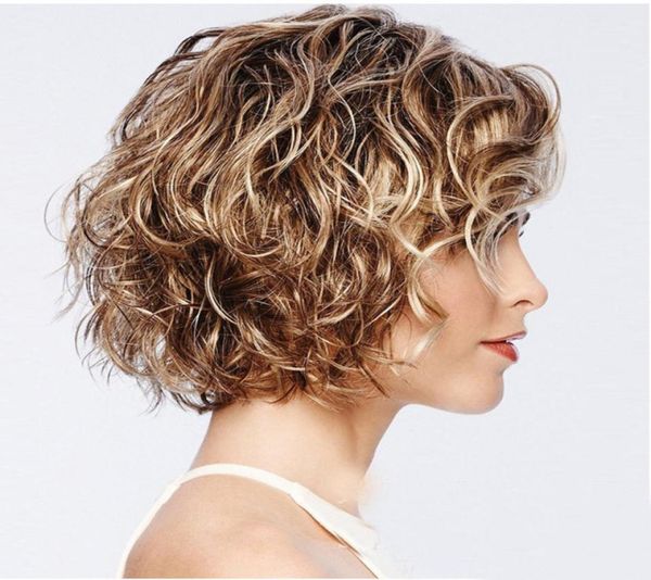 

mix brown and blonde high temperature synthetic hair wigs hand made wig heat resistant african american short wig8142663, Black