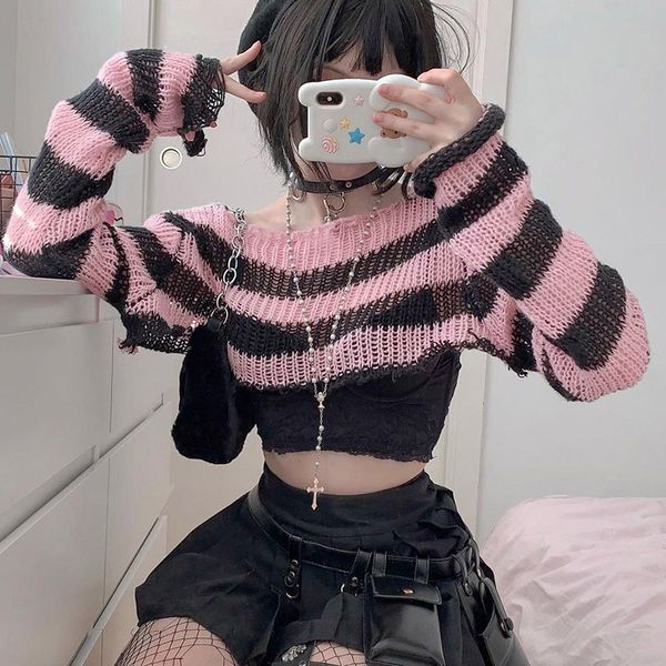 

women's blouses pink and black stripes hollowed out woolen blouse girl loose everything ultra short smock, White