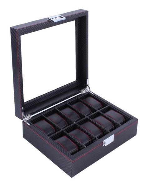 

10 grids carbon fibre pattern watch box watch holder organizer storage case jewelry display rectangle black color showcase gifts c7856789, Black;blue
