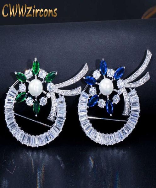 

brilliant green and blue cubic zirconia paved women large beautiful flower brooches pins jewelry with pearl bh005 210714320m3530487, Gray