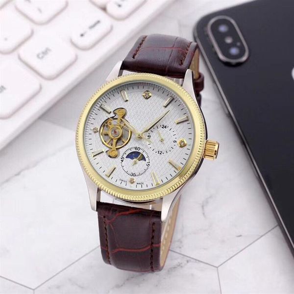 

brand gold mens watches 40mm dial moon phase waterproof fashion man wristwatches mechanical automatic leather strap watch for 274b, Slivery;brown