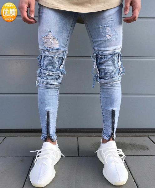 

men hip hop gloria jeans hole cowboy elastic foot zipper fashion denim joggers mens jeans5014736, Blue