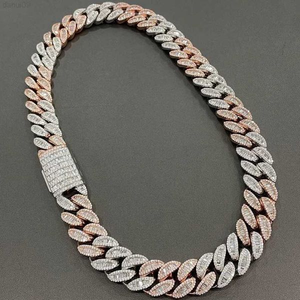 

20mm iced diamond cut baguette miami cuban chain hip hop style round and baguette diamond studded cuban link chain, Silver