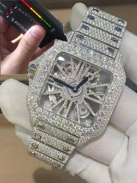 

luxury digner custom skeleton sier moissanite diamond watch pass tted quartz movement men's frozen sapphirecban, Silver