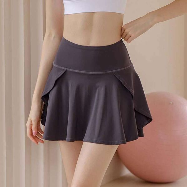 

fake two piece yoga skirt high waisted pleated pants womens summer anti revealing elastic quick drying breath, Black