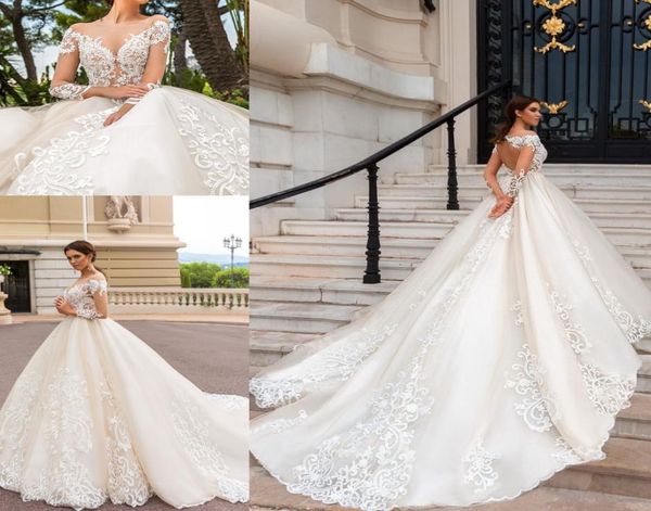 

2020 vestidos de novia lace wedding dresses sheer neck applique a line long sleeves vintage bridal gowns illusion back bridal dres7313358, White