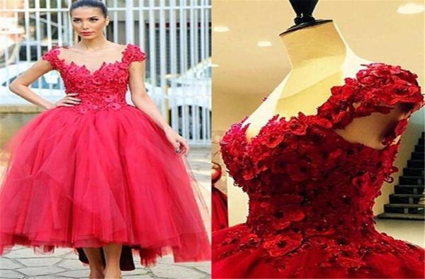 

robe de soiree tulle pearls cap sleeves long evening dresses 2019 elegant hi low party gowns ball gown prom dress with flower5682900, Black;red