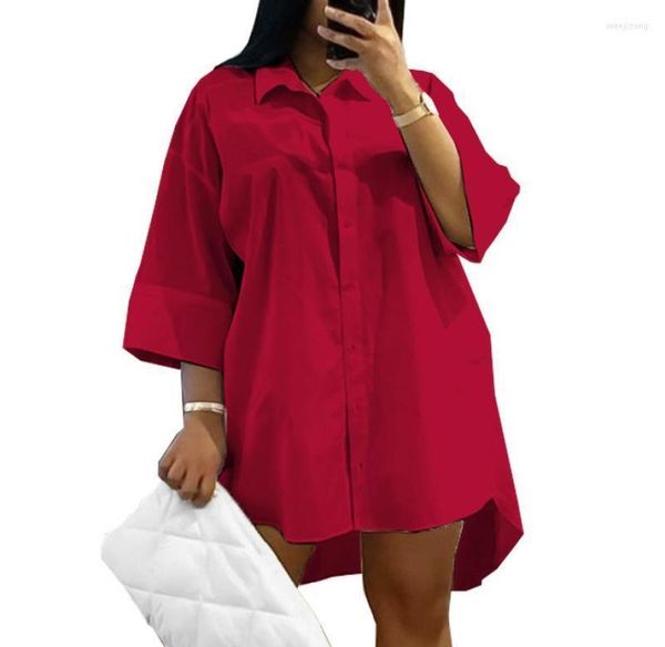 

plus size dresses 5xl women shirt dress solid color turndown collar summer mini lady casual loose irregular beach vestidos8428996, Black