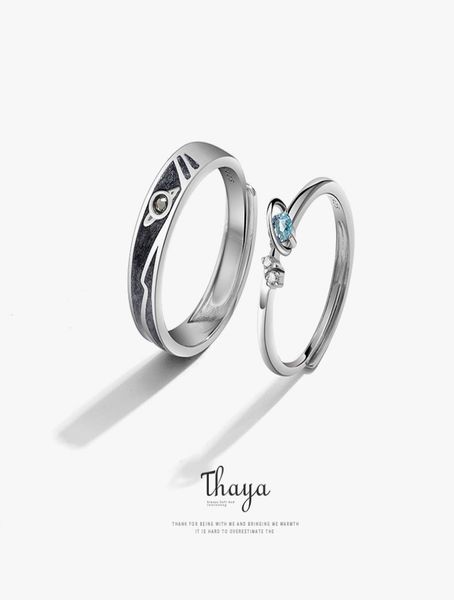 

thaya women rings jewelry 3d texture rings blue planet couple 925 sterling silver rings for women engagement gift 2010067180009, Golden;silver