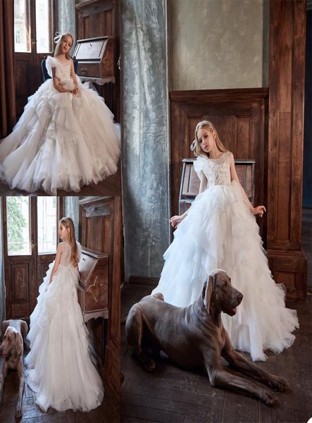 

elegant white flower girls dresses tiered skirts tulle sweep train princess pageant gowns lace appliques kids formal party dress7694344, White;blue