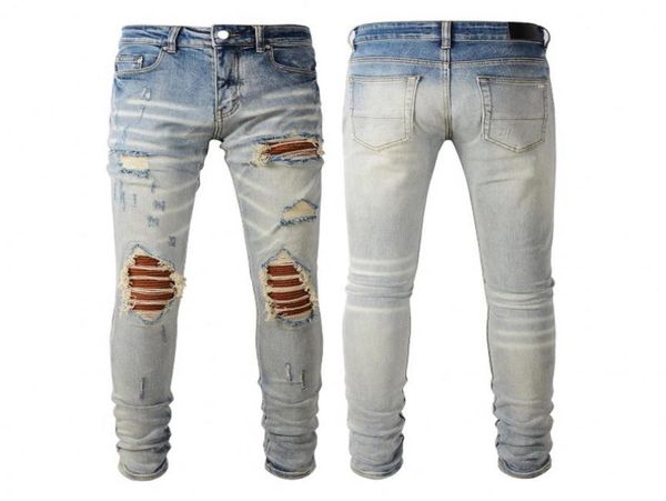 

new mens designer jogger pants high elastics distressed ripped slim fit motorcycle biker denim for mens fashion printing hip hop j8943299, Blue