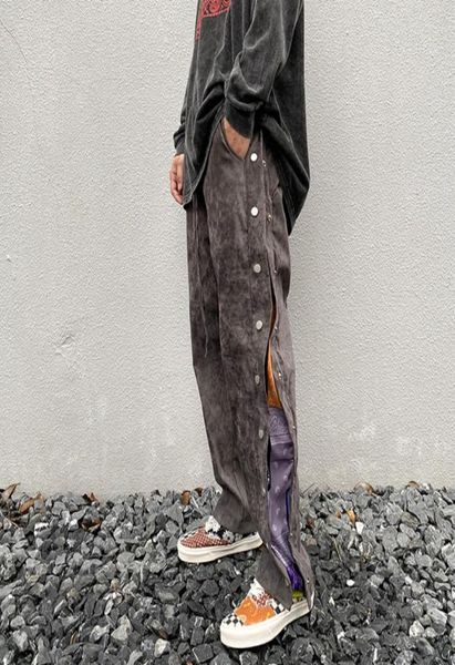

high street side button print suede baggy pants mens drawstring straight loose casual pants hip hop oversize trousers6795190, Black