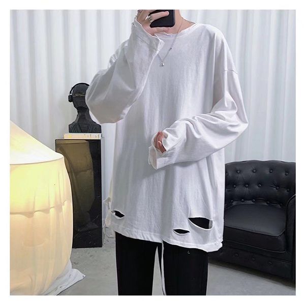 

men's tshirts autumn t shirt for men long sleeve o neck hollow out solid color korean style hip pop loose oversized harajuku couple tee, White;black