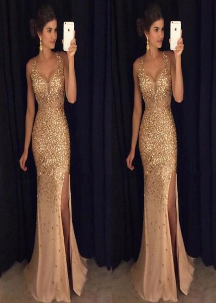 

gold shinny prom dresses v neck cap sleeves major crystal beaded sequins side slit formal evening party dress ba7278020, Black