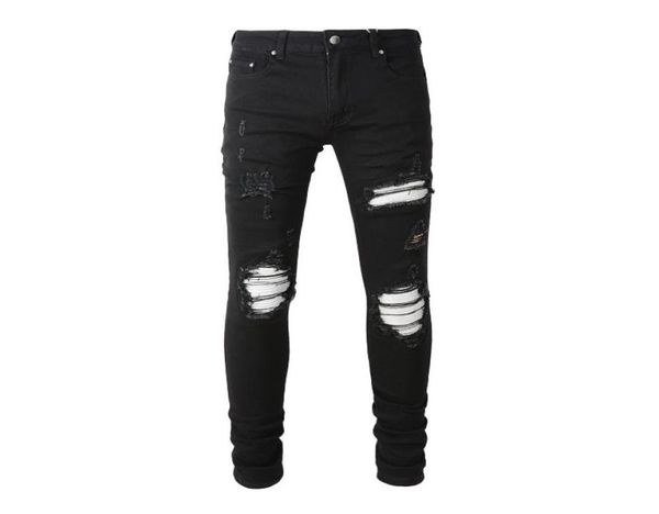 

men039s jeans high street ripped patch stretch slim black jeans2620332, Blue