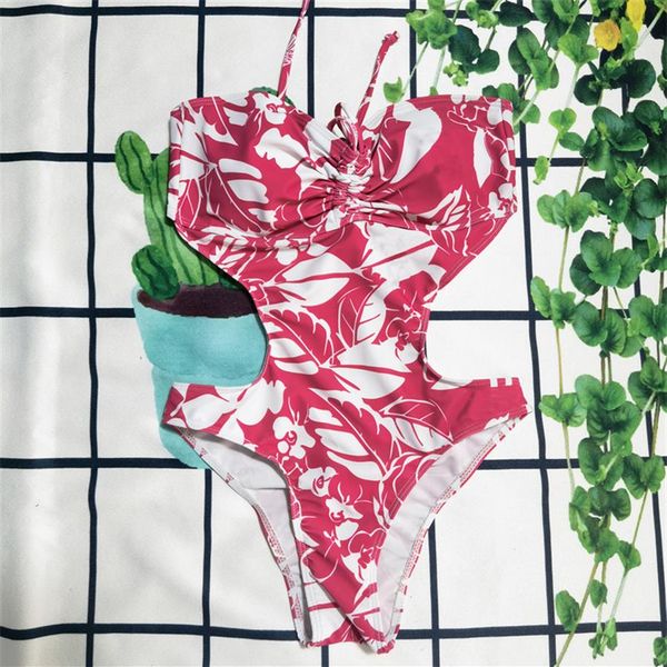 

women swim wear solid color waisted one-piece camellia swimsuit women bandage letter printed bathing suit vacation spring2750