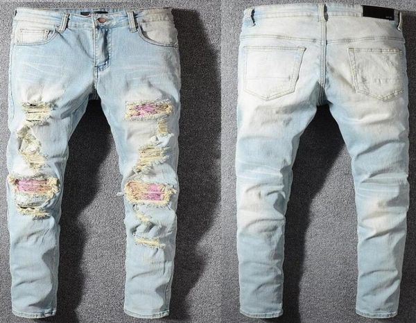 

mens designer jeans distressed ripped biker slim fit motorcycle bikers denim for men s fashion mans black pants pour hommes2588856, Blue